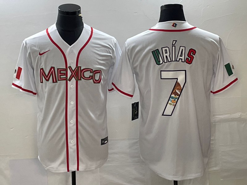 Men's Mexico Baseball #7 Julio Urías 2023 White World Baseball With Patch Classic Stitched Jersey